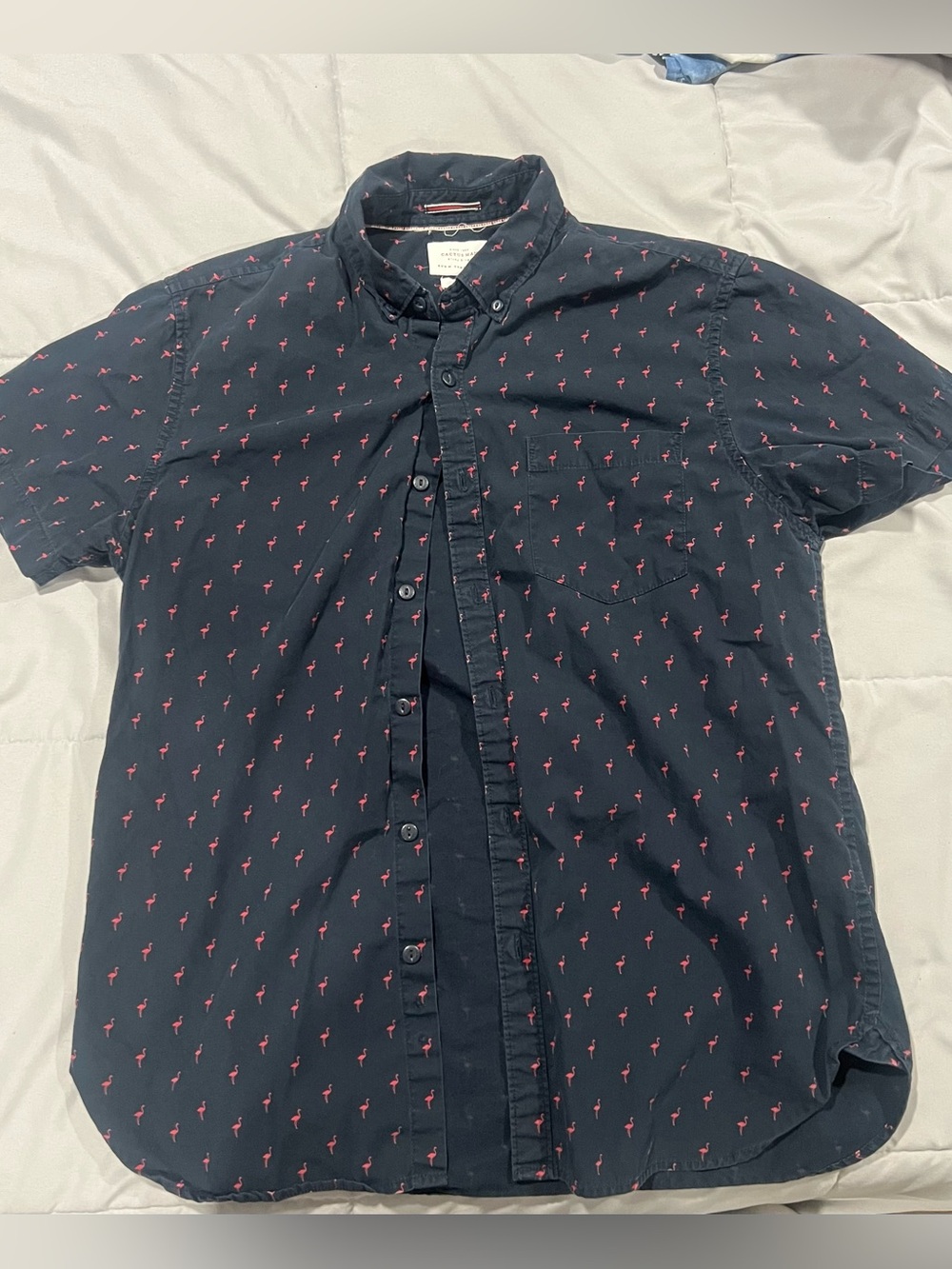 Men's Navy Short-Sleeve Button-Down Shirt with Pink Flamingo Print